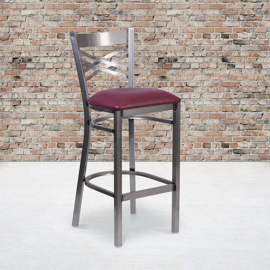 Clear Coated ''X'' Back Metal Restaurant Barstool - Burgundy Vinyl Seat