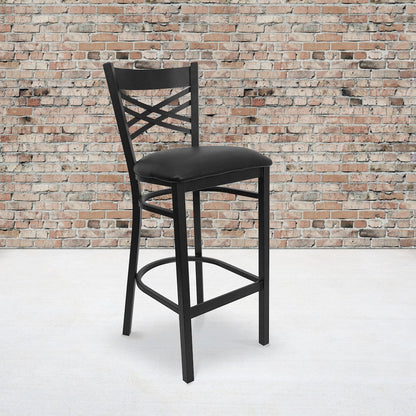 Black ''X'' Back Metal Restaurant Barstool - Black Vinyl Seat