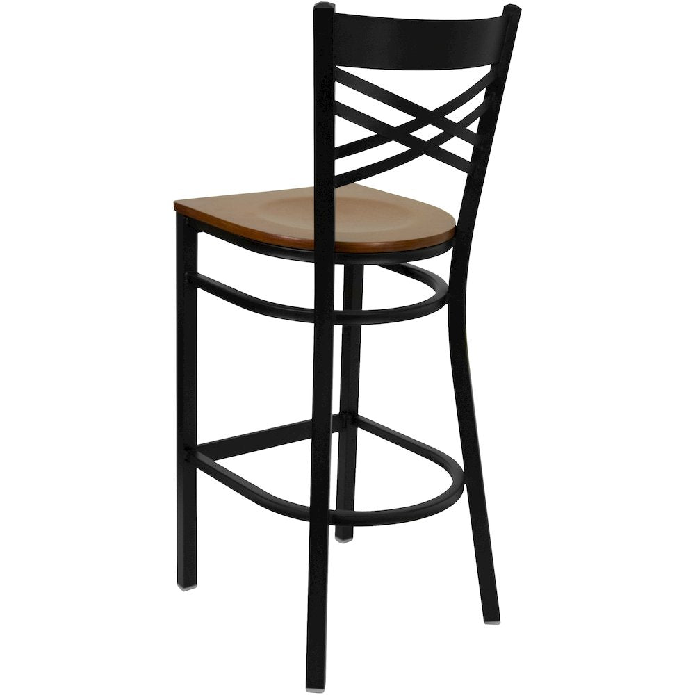 Black ''X'' Back Metal Restaurant Barstool - Cherry Wood Seat