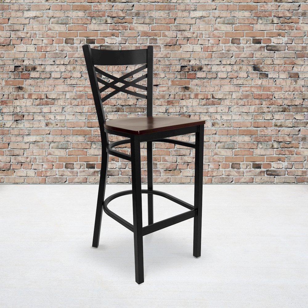 Black ''X'' Back Metal Restaurant Barstool - Mahogany Wood Seat