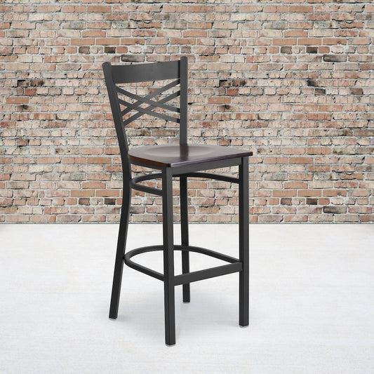 Black ''X'' Back Metal Restaurant Barstool - Walnut Wood Seat