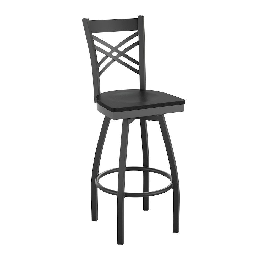 HERCULES Series Black ''X'' Back Swivel Metal Barstool - Black Wood Seat