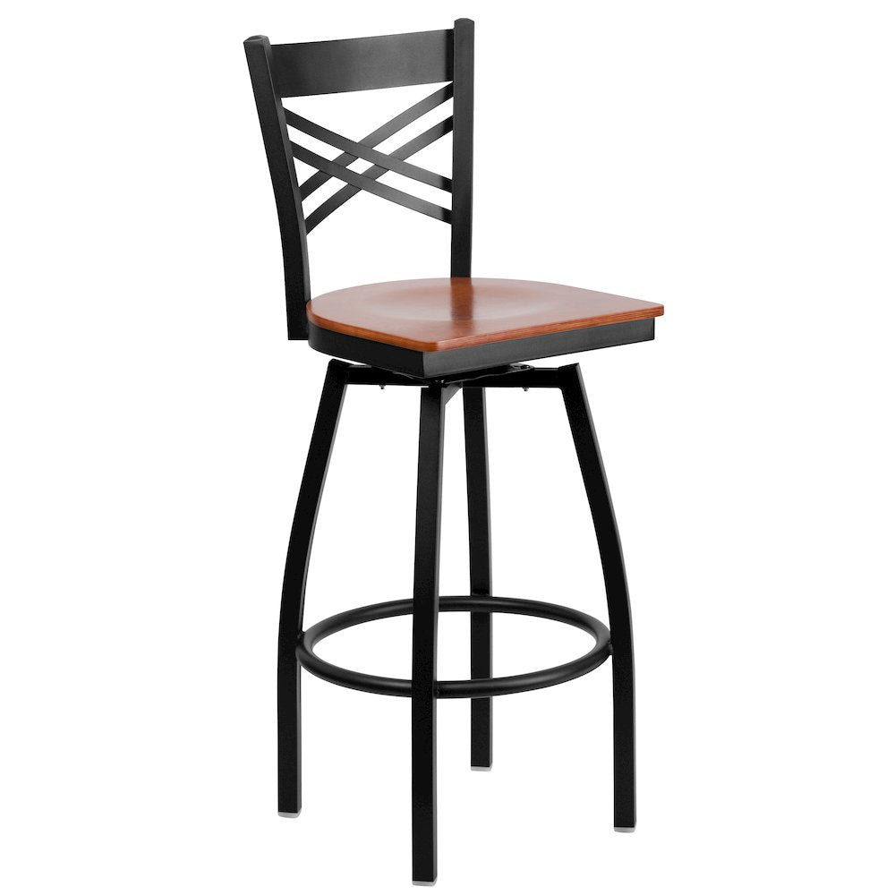 Black ''X'' Back Swivel Metal Barstool - Cherry Wood Seat