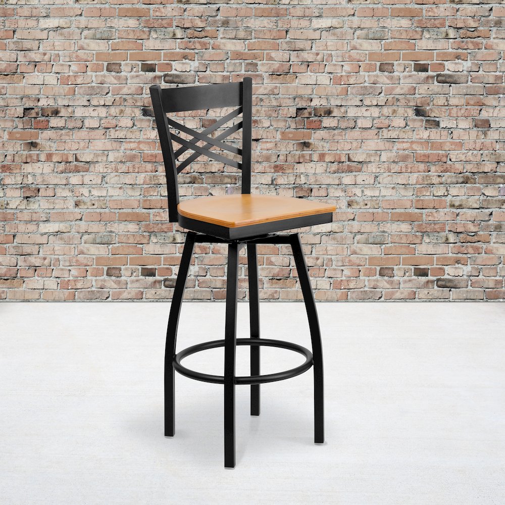 Black ''X'' Back Swivel Metal Barstool - Natural Wood Seat