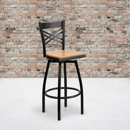 Black ''X'' Back Swivel Metal Barstool - Natural Wood Seat