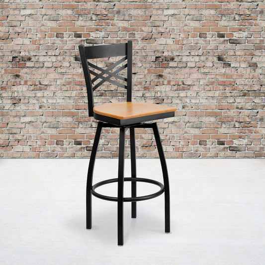 Black ''X'' Back Swivel Metal Barstool - Natural Wood Seat