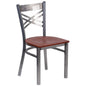 Clear Coated ''X'' Back Metal Restaurant Chair - Cherry Wood Seat