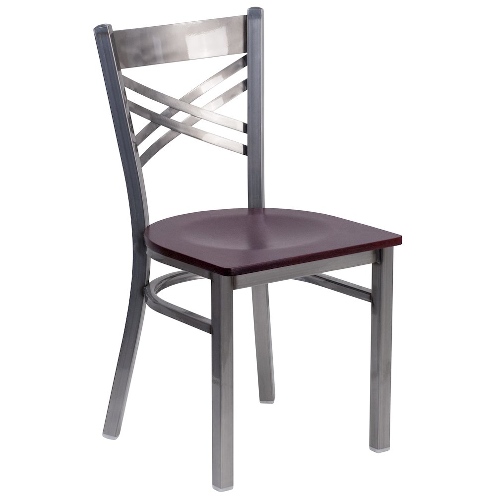 Clear Coated ''X'' Back Metal Restaurant Chair - Mahogany Wood Seat