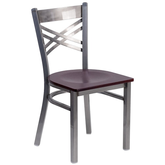 Clear Coated ''X'' Back Metal Restaurant Chair - Mahogany Wood Seat