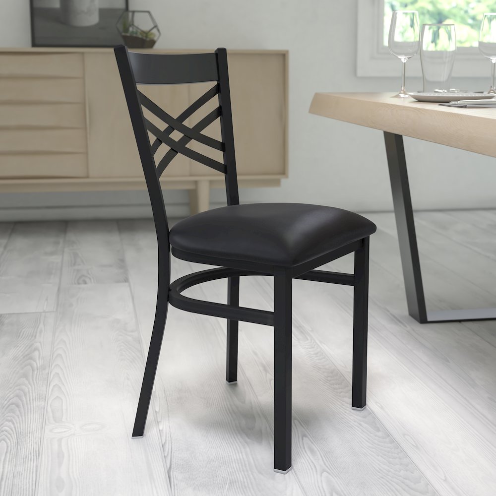 Black ''X'' Back Metal Restaurant Chair - Black Vinyl Seat