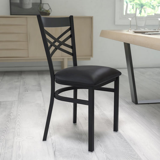Black ''X'' Back Metal Restaurant Chair - Black Vinyl Seat