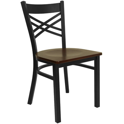 Black ''X'' Back Metal Restaurant Chair - Mahogany Wood Seat