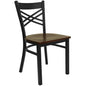 Black ''X'' Back Metal Restaurant Chair - Mahogany Wood Seat