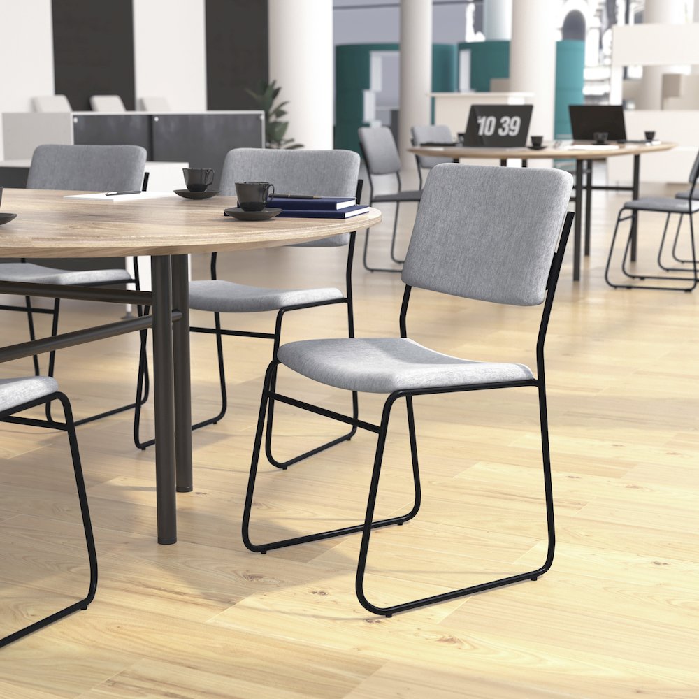500 lb. Capacity High Density Gray Fabric Stacking Chair with Sled Base