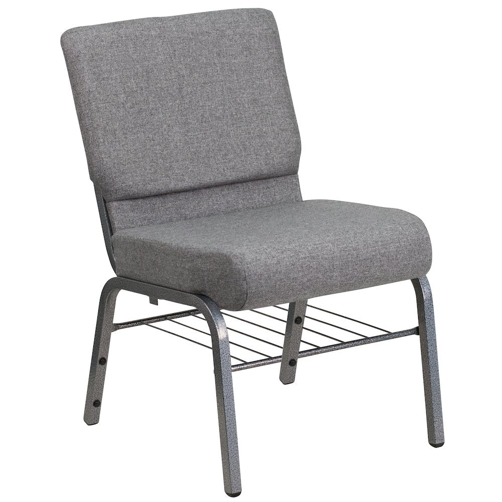 21''W Church Chair in Gray Fabric with Book Rack - Silver Vein Frame