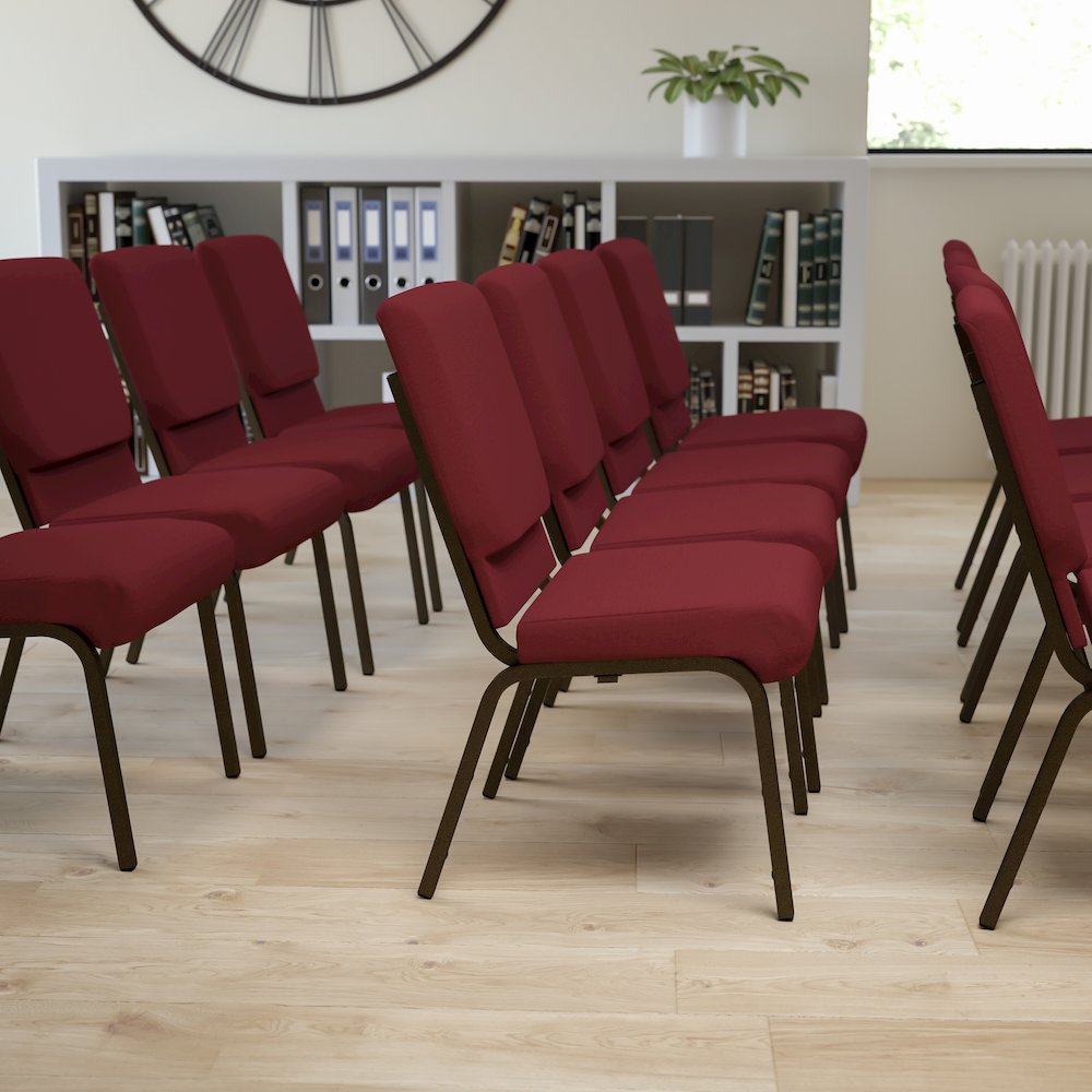 18.5''W Stacking Church Chair in Burgundy Fabric - Gold Vein Frame