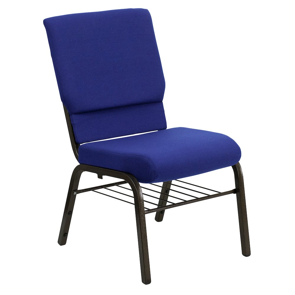 18.5''W Church Chair in Navy Blue Fabric with Book Rack - Gold Vein Frame