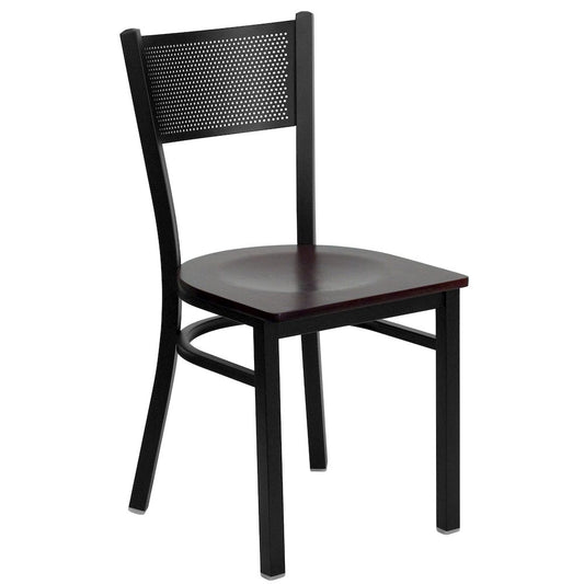 Black Grid Back Metal Restaurant Chair - Mahogany Wood Seat