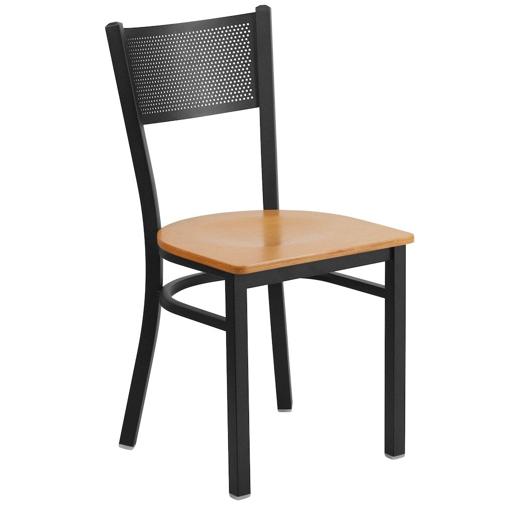 Black Grid Back Metal Restaurant Chair - Natural Wood Seat