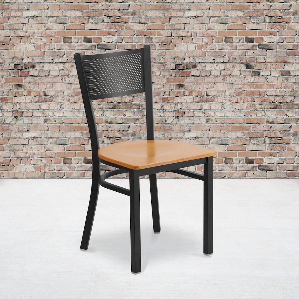Black Grid Back Metal Restaurant Chair - Natural Wood Seat