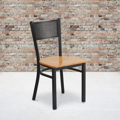 Black Grid Back Metal Restaurant Chair - Natural Wood Seat