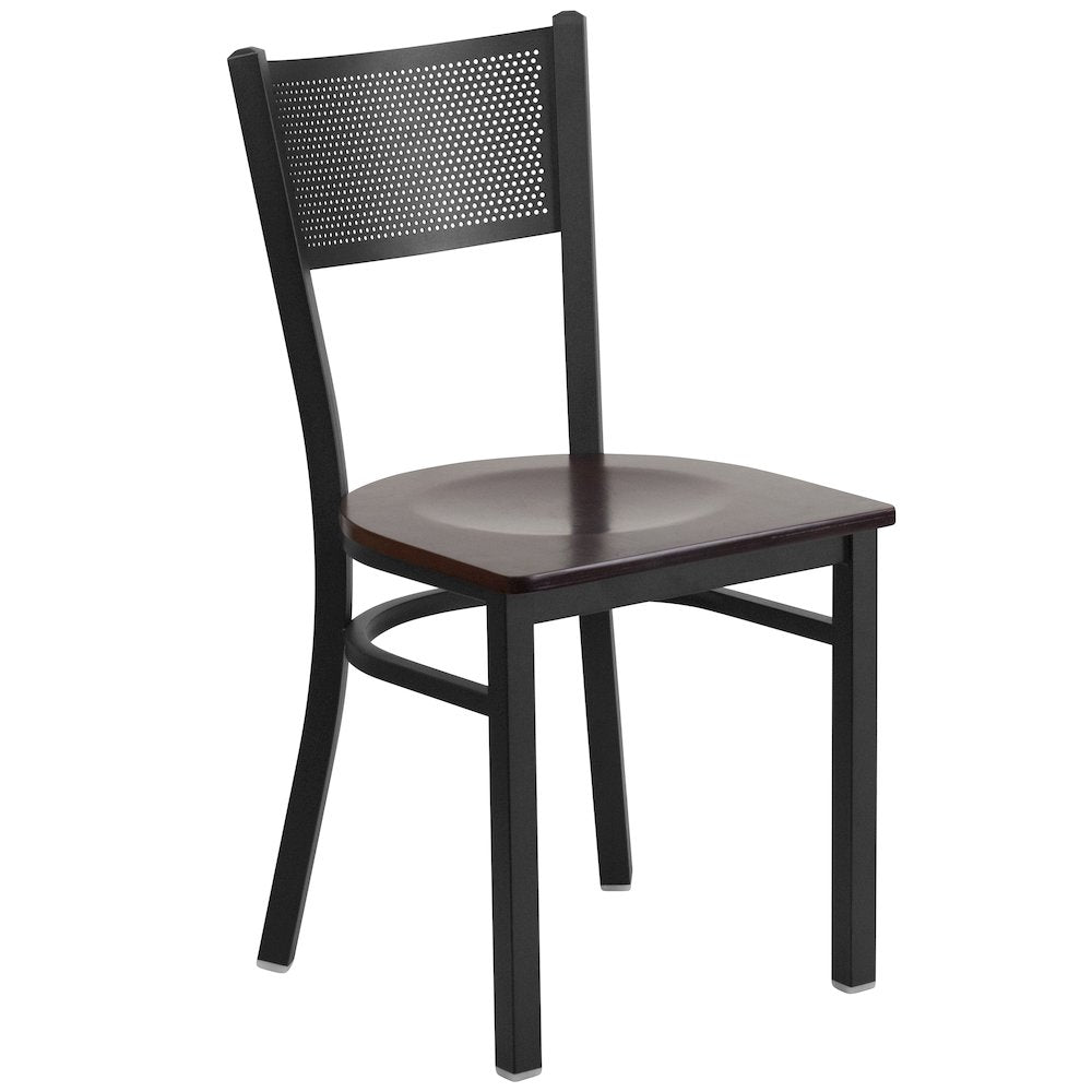 Black Grid Back Metal Restaurant Chair - Walnut Wood Seat