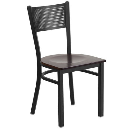 Black Grid Back Metal Restaurant Chair - Walnut Wood Seat