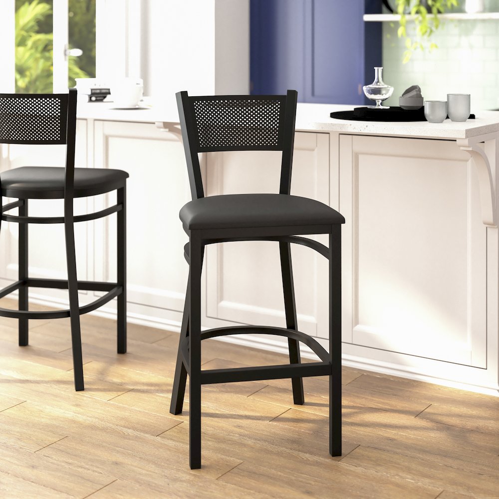Black Grid Back Metal Restaurant Barstool - Black Vinyl Seat