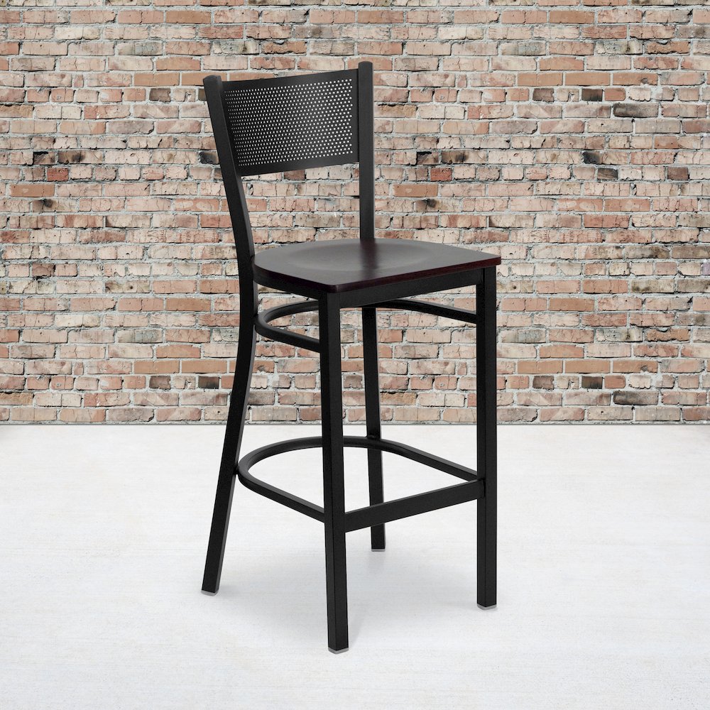 Black Grid Back Metal Restaurant Barstool - Mahogany Wood Seat