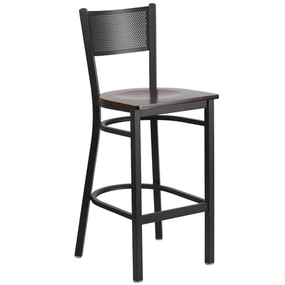 Black Grid Back Metal Restaurant Barstool - Walnut Wood Seat