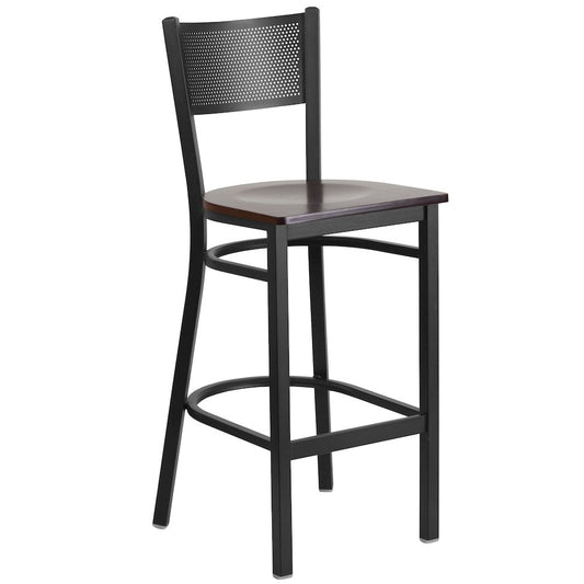Black Grid Back Metal Restaurant Barstool - Walnut Wood Seat