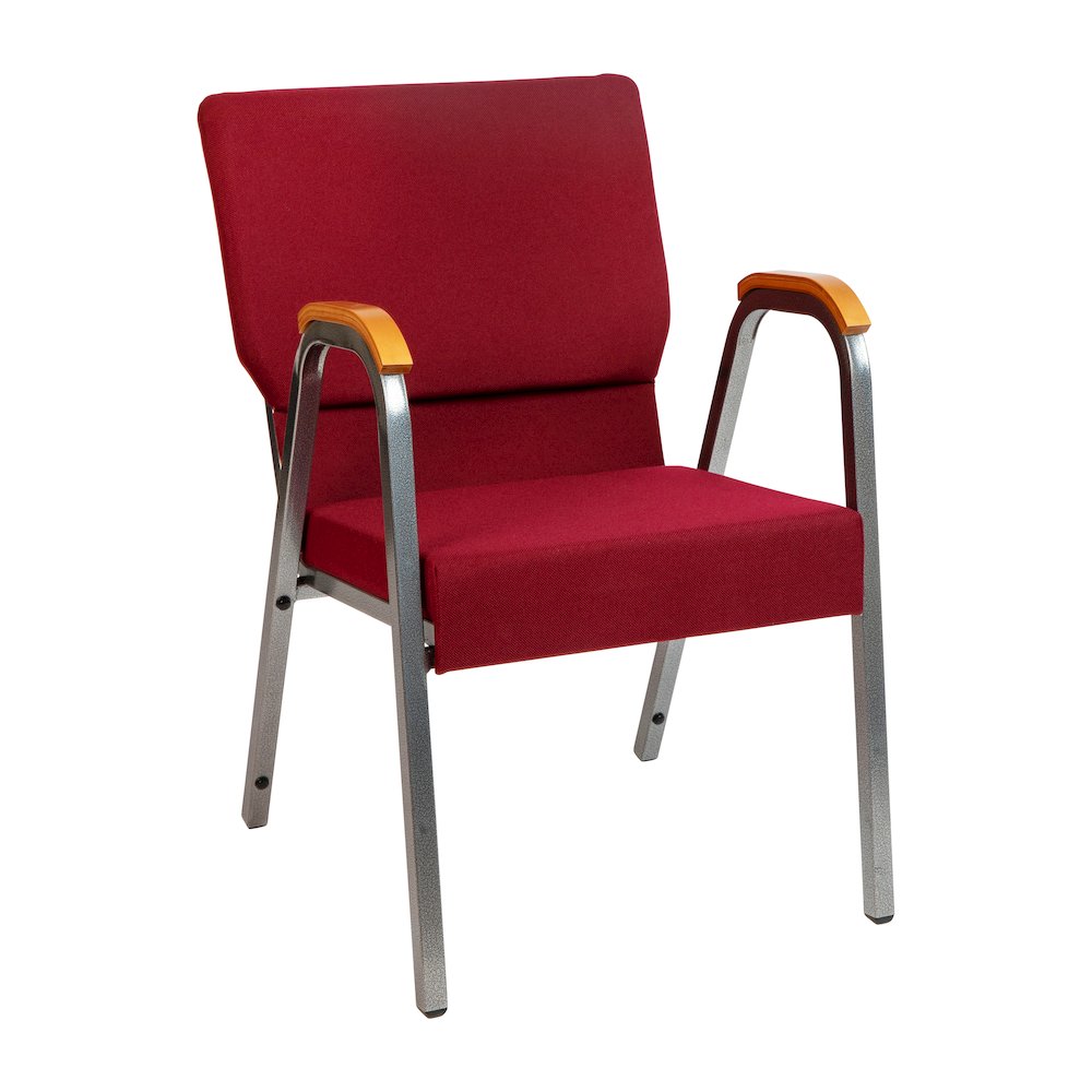 21"W Stacking Wood Arm Church Chair in Burgundy Fabric - Silver Vein Frame