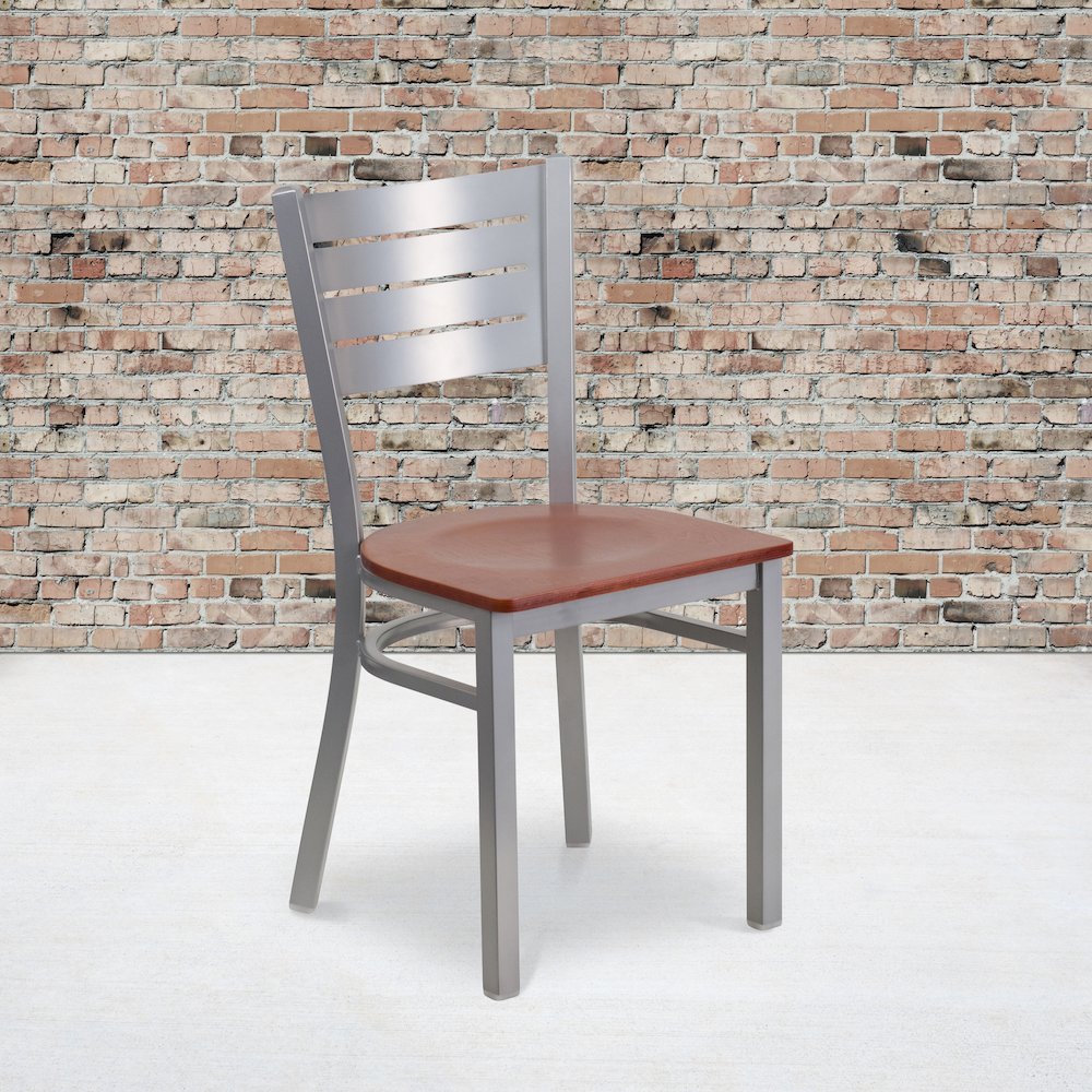 Silver Slat Back Metal Restaurant Chair - Cherry Wood Seat