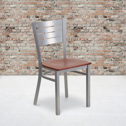Silver Slat Back Metal Restaurant Chair - Cherry Wood Seat