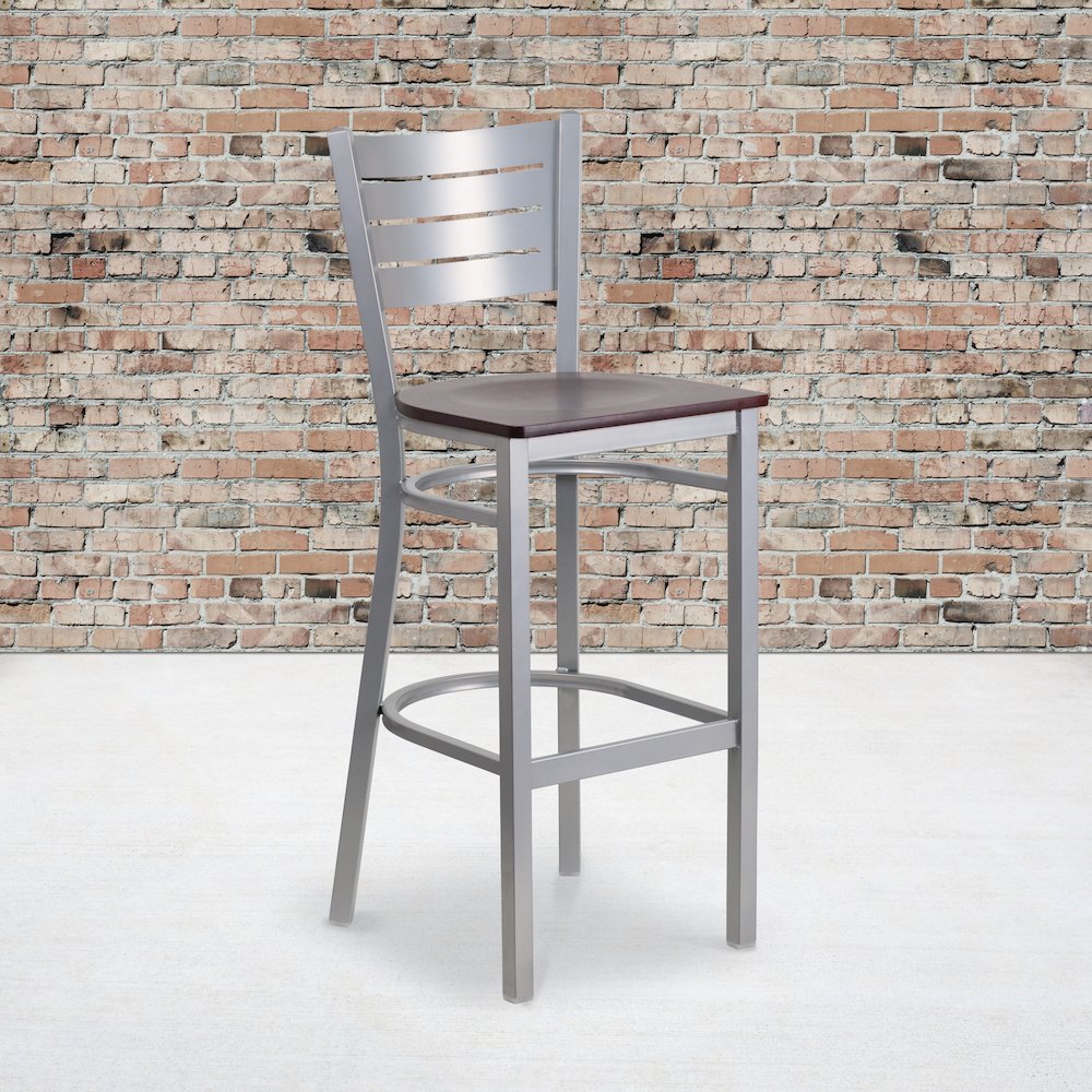 Silver Slat Back Metal Restaurant Barstool - Mahogany Wood Seat
