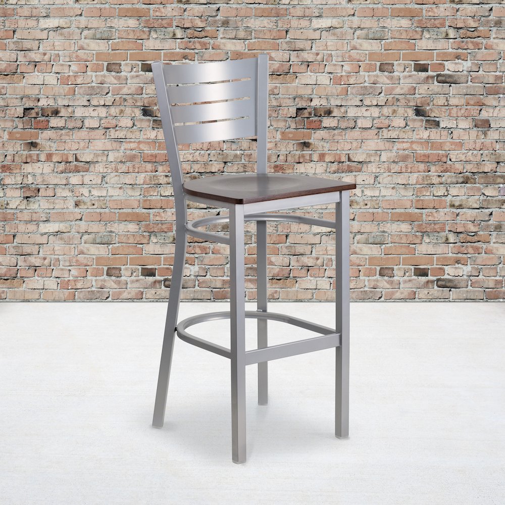 Silver Slat Back Metal Restaurant Barstool - Walnut Wood Seat