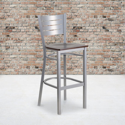 Silver Slat Back Metal Restaurant Barstool - Walnut Wood Seat
