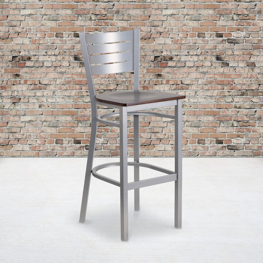 Silver Slat Back Metal Restaurant Barstool - Walnut Wood Seat