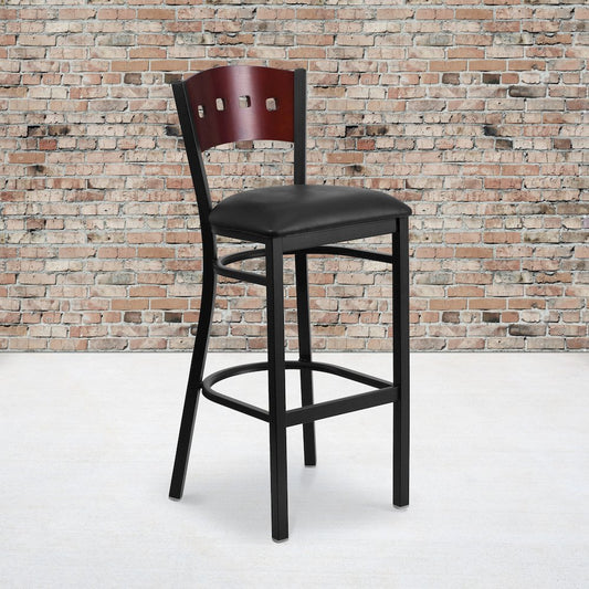Black 4 Back Metal Restaurant Barstool - Mahogany Wood Back, Black Vinyl Seat