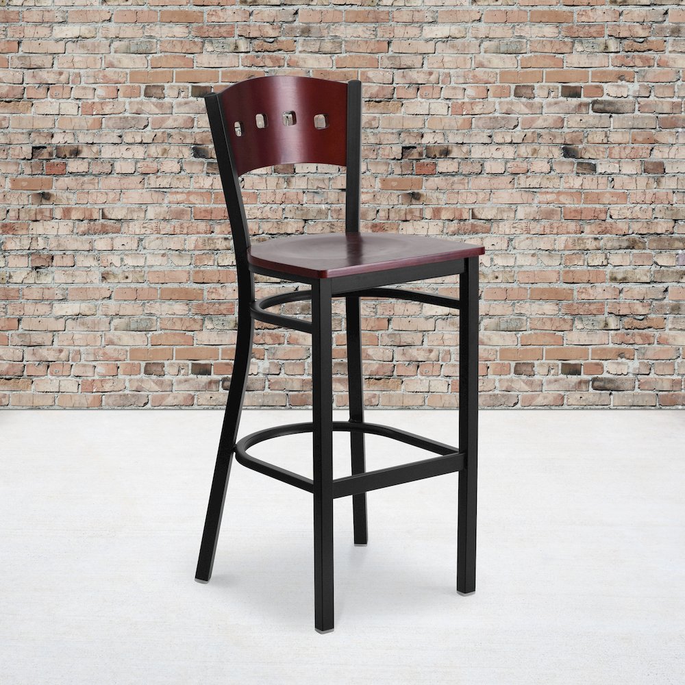 Black 4 Square Back Metal Restaurant Barstool - Mahogany Wood Back & Seat