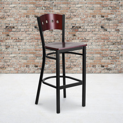 Black 4 Square Back Metal Restaurant Barstool - Mahogany Wood Back & Seat