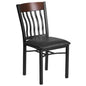 Vertical Back Black Metal and Walnut Wood Restaurant Chair with Black Vinyl Seat