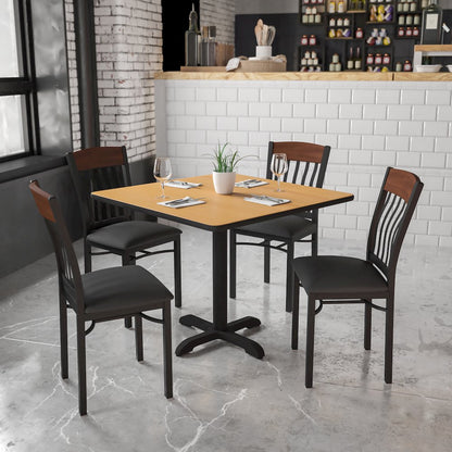 Vertical Back Black Metal and Walnut Wood Restaurant Chair with Black Vinyl Seat
