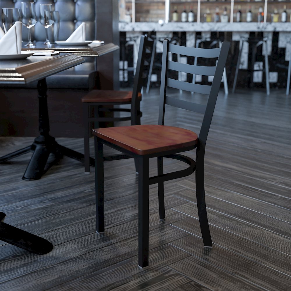 Black Ladder Back Metal Restaurant Chair - Cherry Wood Seat