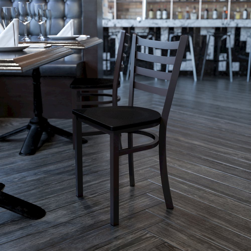Black Ladder Back Metal Restaurant Chair - Mahogany Wood Seat