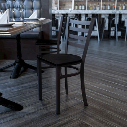 Black Ladder Back Metal Restaurant Chair - Mahogany Wood Seat