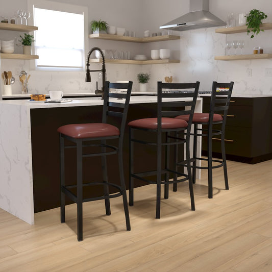 Black Ladder Back Metal Restaurant Barstool - Burgundy Vinyl Seat