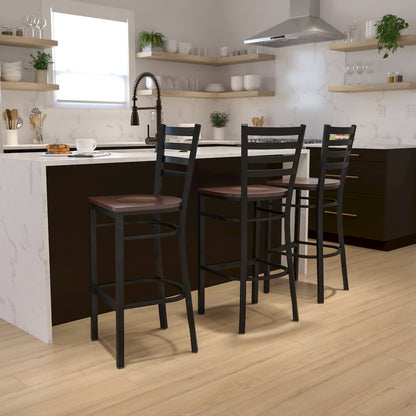 Black Ladder Back Metal Restaurant Barstool - Mahogany Wood Seat