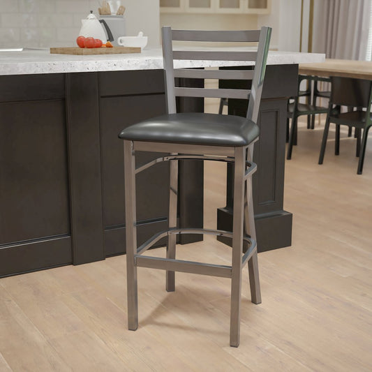 Clear Coated Ladder Back Metal Restaurant Barstool - Black Vinyl Seat