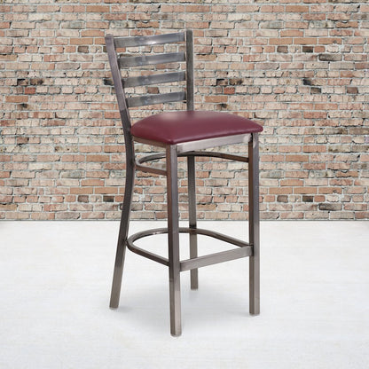 Clear Coated Ladder Back Metal Restaurant Barstool - Burgundy Vinyl Seat
